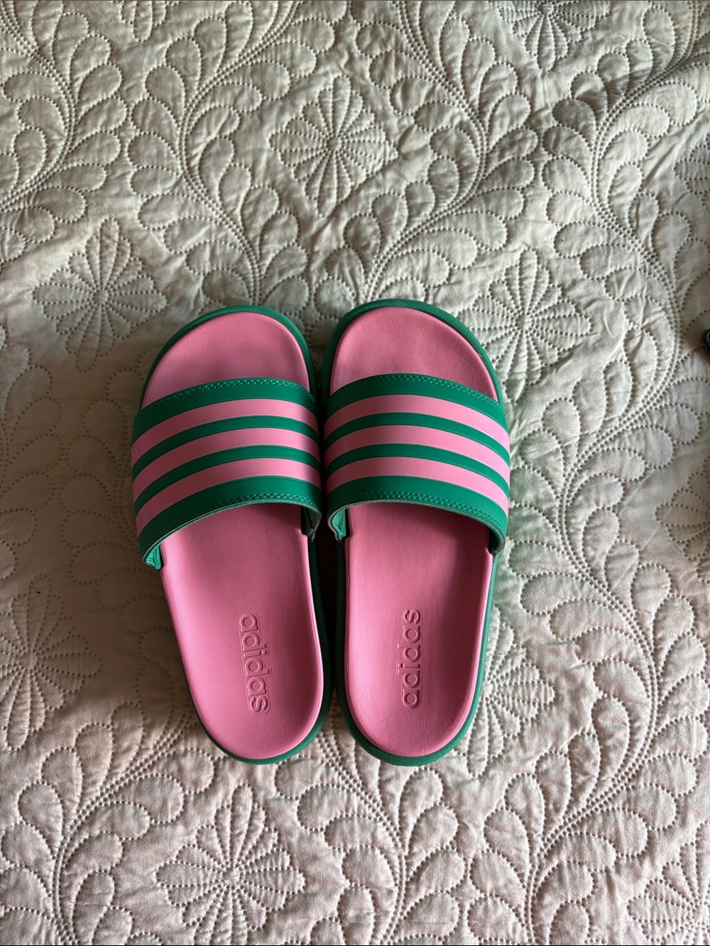 adidas Pink and Green Youth Slide Sandals